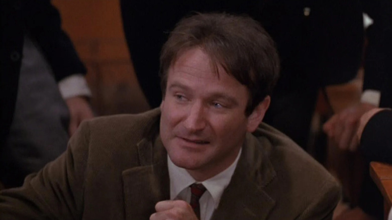 John Keating (Robin Williams) imparts inspirational wisdom to his students in Dead Poets Society