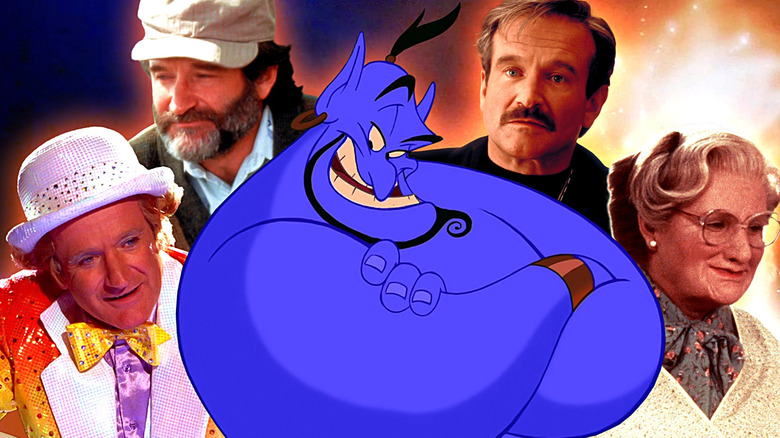 A collage of Genie (Robin Williams) in Aladdin (1992) surrounded by Rainbow Randolph (Williams) in Death to Smoochy, Sean Maguire (Williams) in Good Will Hunting, Armand Goldman (Williams) in The Birdcage, and Euphegenia Doubtfire (Williams) in Mrs. Doubtfire