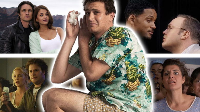 Martin Henderson and Aishwarya Rai as Will Darcy and Lalita Bakshi in Bride and Prejudice, Katherine Heigl and Seth Rogen as Alison Scott and Ben Stone in Knocked Up, Jason Segel as Peter Bretter in Forgetting Sarah Marshall, Will Smith and Kevin James as Alex 