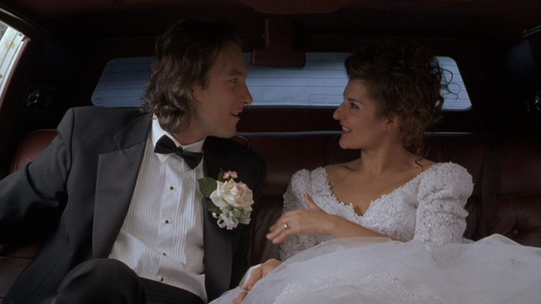 John Corbett and Nia Vardalos as Ian Miller and Toula Portokalos in My Big Fat Greek Wedding