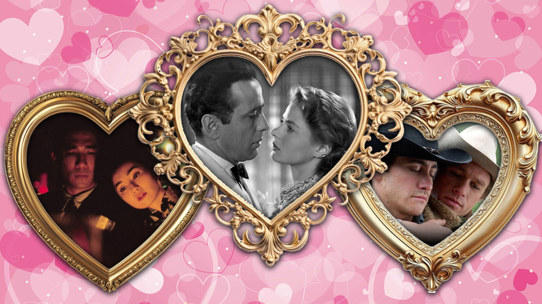Images from In the Mood for Love, Casablanca, and Brokeback Mountain in elegant gold-framed hearts on top of a pink background full of hearts