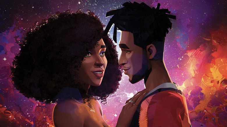 Jessica Williams voicing Meadow Watson and Scott Mescudi voicing Jabari in front of animated stars in Entergalactic