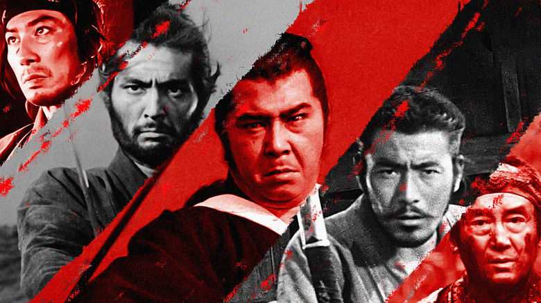 A collage of Seibei Iguchi (Hiroyuki Sanada) in The Twilight Samurai, Tsugumo Hanshirō (Tatsuya Nakadai) in Harakiri (1962), Ogami Ittō (Tomisaburō Wakayama) in Lone Wolf and Cub: Sword of Vengeance, Kikuchiyo (Toshiro Mifune) in Seven Samurai, and Shimada Shinzaemon (Kōji Yakusho) in 13 Assassins (2010)