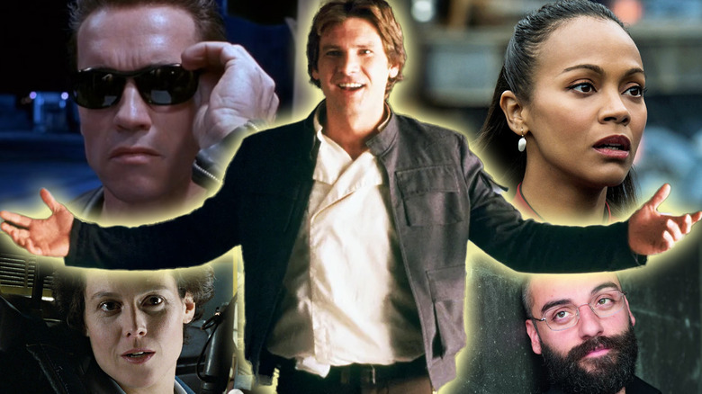 Harrison Ford as Han Solo in Empire Strikes Back surrounded by Arnold Schwarzenegger in Terminator 2, Zoe Saldaña in Star Trek, Sigourney Weaver in Aliens, and Oscar Isaac in Ex Machina in a composite image