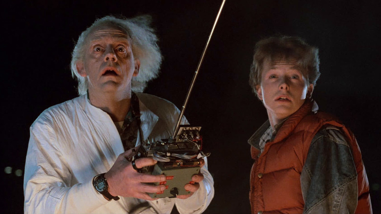 Christopher Lloyd and Michael J. Fox as Doc Brown and Marty McFly as they stared in amazement at the Time Machine disappearing in Back to the Future