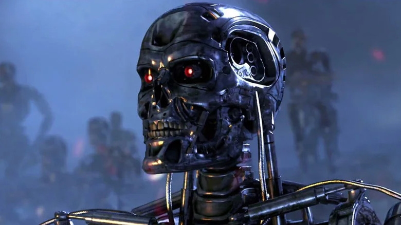 The Humanoid Hunter Killer Terminator on a futuristic battlefield in The Terminator