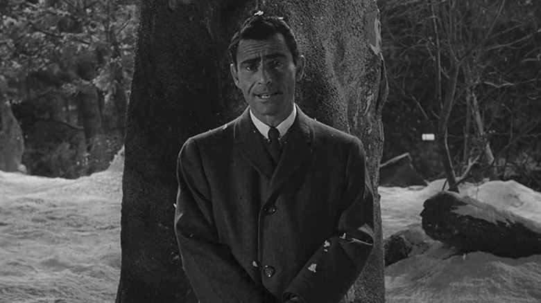 Rod Sterling as the host/narrator addressing the audience in The Twilight Zone