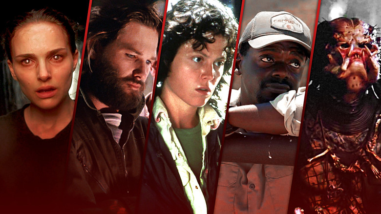 Lena (Natalie Portman), MacReady (Kurt Russell), Ellen Ripley (Sigourney Weaver), OJ (Daniel Kaluuya), and the Predator lined up next to each other
