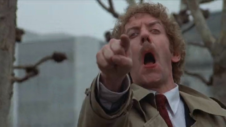 Matthew (Donald Sutherland) pointing at the camera and screaming in 1978's Invasion of the Body Snatchers