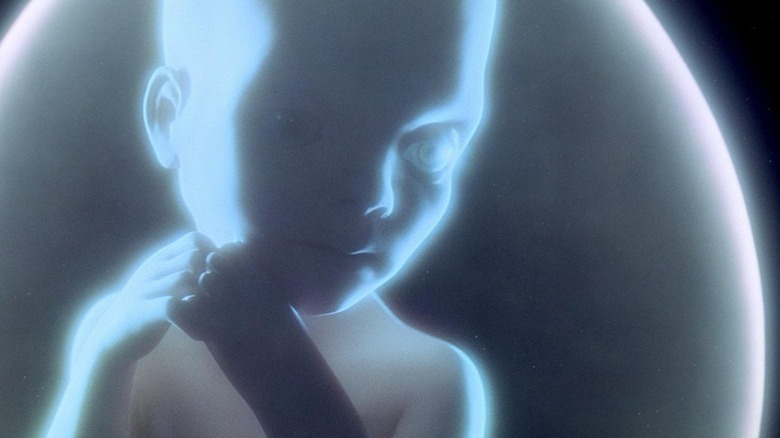 A cosmic fetus floats through outer space in 2001: A Space Odyssey