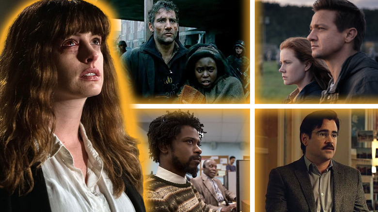 Anne Hathaway in Colossal next to shots from Children of Men, Arrival, Sorry to Bother You, and The Lobster in a composite image