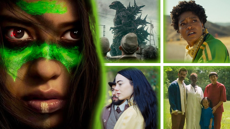 Naru (Amber Midthunder) from Prey next to Godzilla from Godzilla Minus One, Em (Keke Palmer) from Nope, Bella (Emma Stone) from Poor Things, and Jake (Colin Farrell), Kyra (Jodie Turner-Smith), Yang (Justin H. Min), and Mika (Malea Emma Tjandrawidjaja) from After Yang