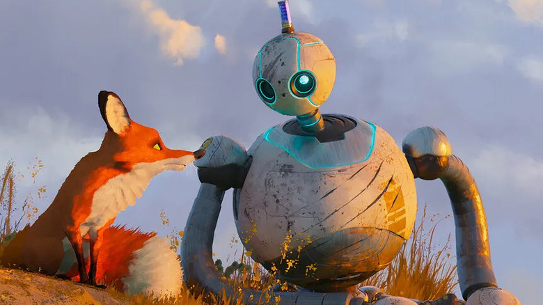 Roz (Lupita Nyong'o) looking at Fink (Pedro Pascal) in The Wild Robot