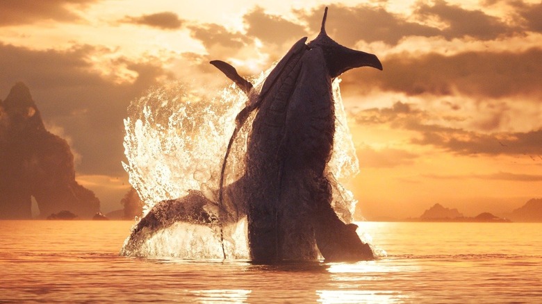 A tulkun named Payakan rising out of the sea in Avatar: The Way of Water