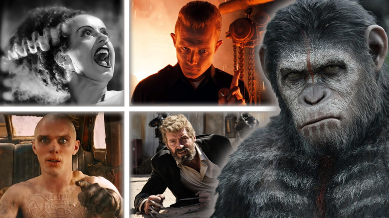Caesar in Dawn of the Planet of the Apes next to shots from Bride of Frankenstein, Logan, Terminator 2, and Mad Max: Fury Road