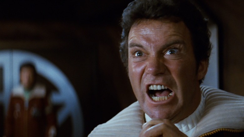 William Shatner as Kirk, losing his temper in Star Trek II: The Wrath of Khan