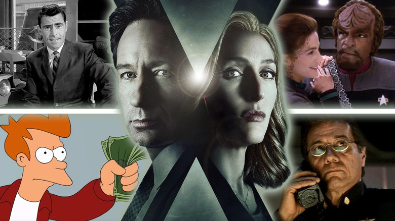 David Duchovny and Gillian Anderson as Mulder and Scully in The X-Files promo art surrounded by images from The Twilight Zone, Star Trek: Deep Space Nine, Futurama, and Battlestar Galactica in a composite image