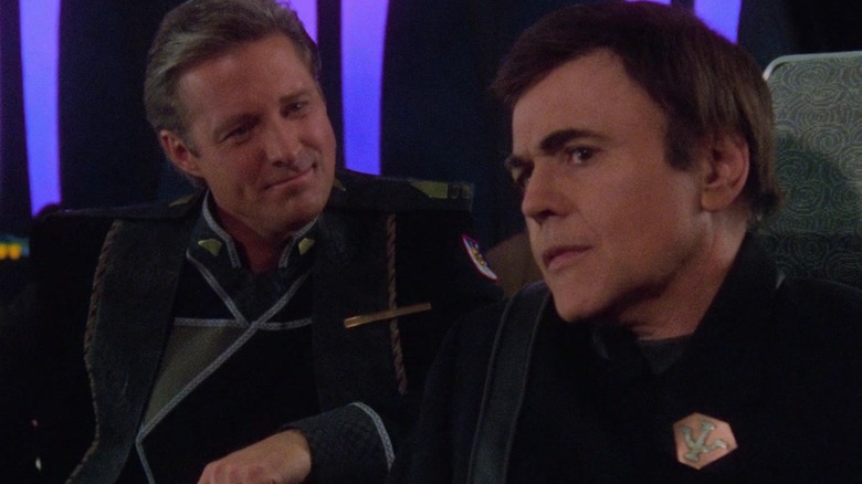 Captain John Sheridan (Bruce Boxleitner) and the telepathic Bester (Walter Koenig) share an awkward moment.