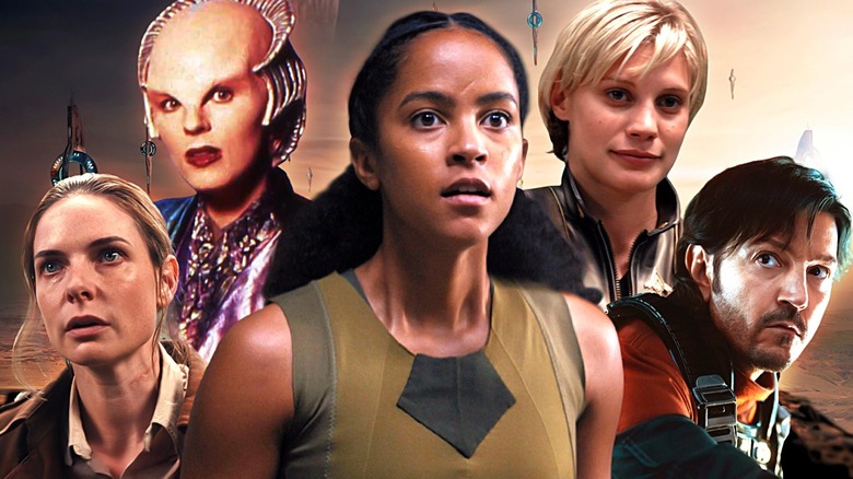 Lou Llobell as Gaal in Foundation in the middle, and around her, Rebecca Ferguson as Juliette in Silo, Mira Furlan as Delenn in Babylon 5, Katee Sackhoff as Starbuck in Battlestar Galactica, and Diego Luna as Cassian Andor in Andor