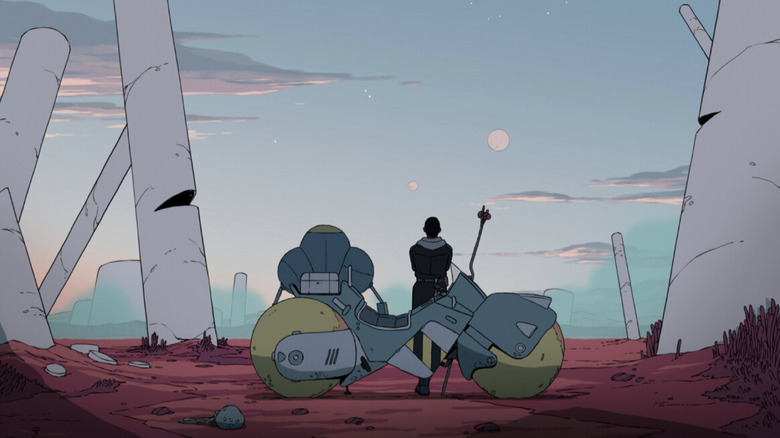 Azi and Levi stare up at the sky against a motorbike in Scavengers Reign.