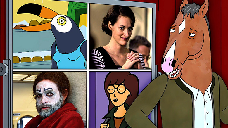 A board with Tuca from Tuca and Bertie, Phoebe Waller-Bridge in Fleabag, Zach Galifianakis in Baskets, and Daria from Daria next to BoJack Horseman in a composite image