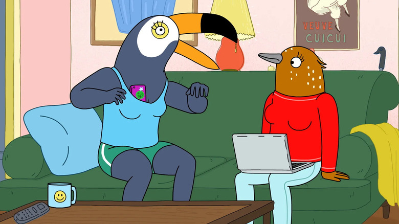 Tuca and Bertie sitting on a couch in Tuca and Bertie