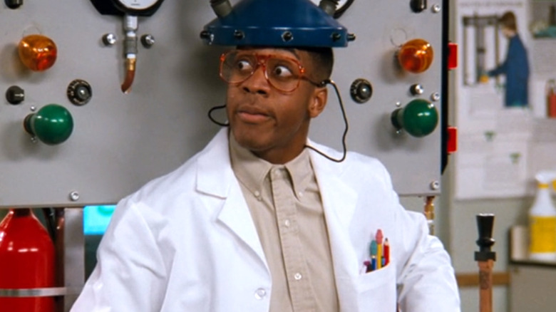 Jaleel White as Steve Urkel sits under the Urkel Total Recall Machine on Family Matters