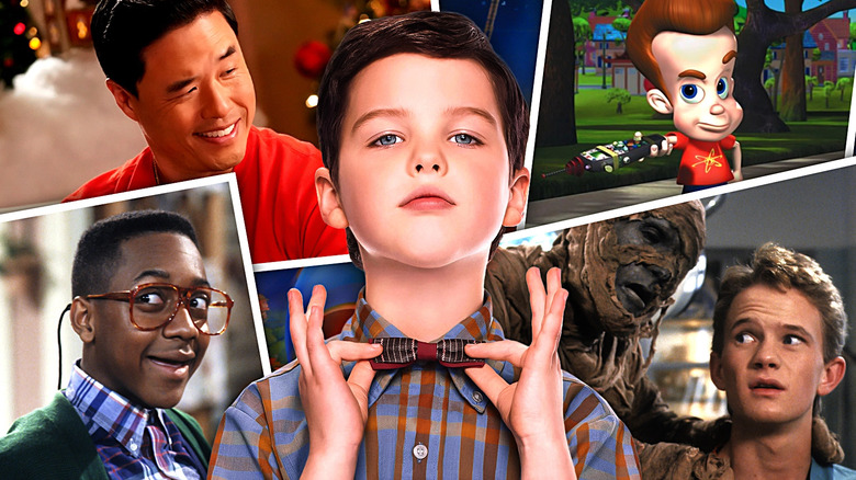 Iain Armitage as Sheldon Cooper in Young Sheldon stands in front of Jaleel White as Steve Urkel in Family Matters, Randall Park as Louis Huang in Fresh off the Boat, Jimmy Neutron in The Adventures of Jimmy Neutron: Boy Genius, and Neil Patrick Harris as Doogie Howser who is next to Jeffrey Alan Chandler as a mummy in Doogie Howser, M.D.