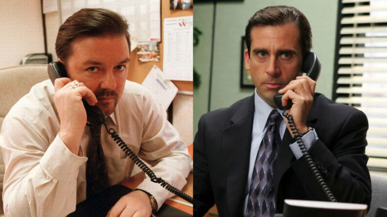 Ricky Gervais as David Brent on the phone in the Office UK next to Steve Carell as Michael Scott on the phone in The Office US