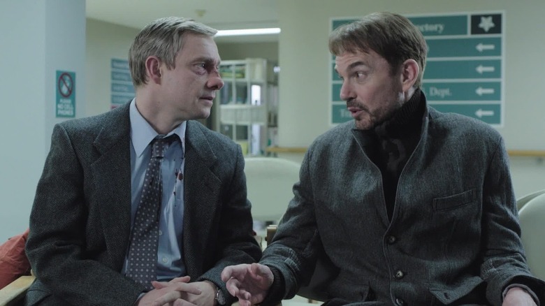 Martin Freeman as Lester Nygaard and Billy Bob Thornton as Lorne Malvo, talking in a hospital waiting room in Fargo.