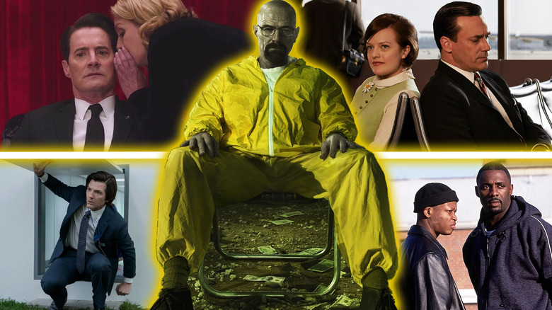 A composite image including stills from The Wire, Severance, Mad Men, Twin Peaks, and Breaking Bad.