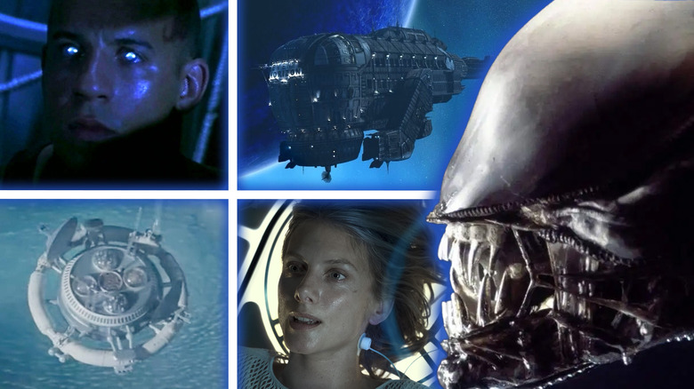A xenomorph in Alien next to shots from Pitch Black, Event Horizon, Solaris (1972), and Oxygen