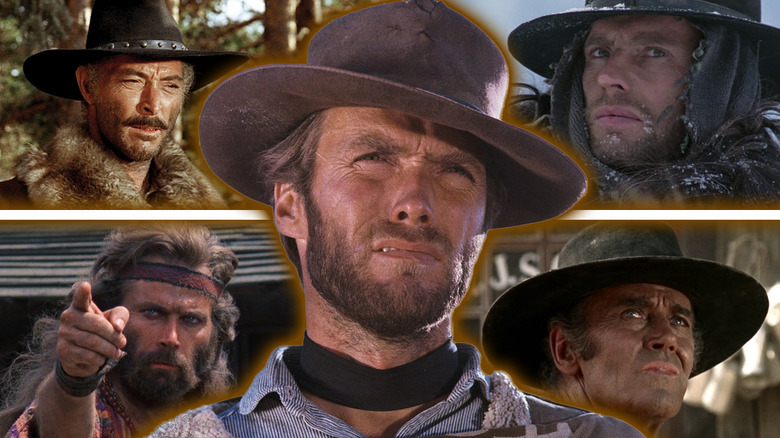 Lee Van Cleef as Corbett in The Big Gundown, Franco Nero as Keoma in Keoma, Henry Fonda as Frank in Once Upon a Time in the West, Jean-Louis Trintignant as Silence in The Great Silence, and Clint Eastwood as the man with no name in For a Few Dollars More