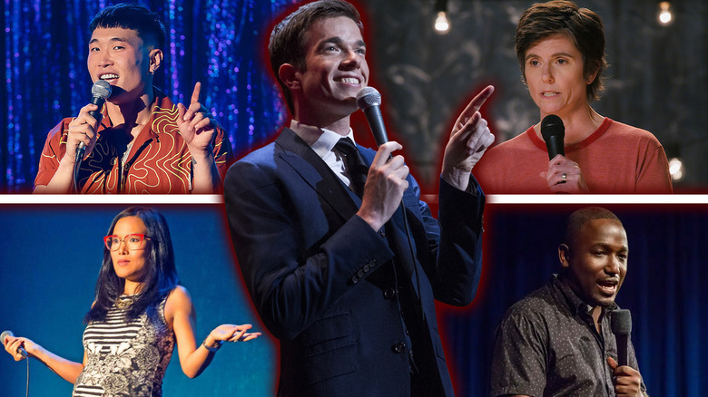 Joel Kim Booster, Tig Notaro, Ali Wong, Hannibal Buress, and John Mulaney all doing stand-up comedy in a composite image