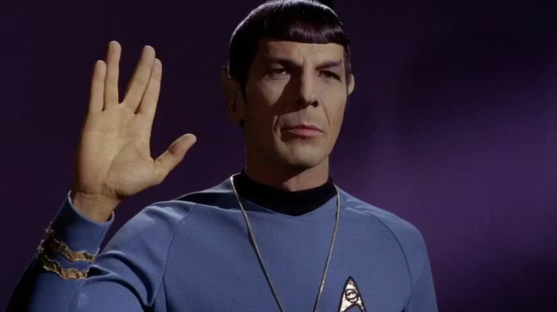 Spock (Leonard Nimoy) gives a Vulcan salute in Star Trek: The Original Series