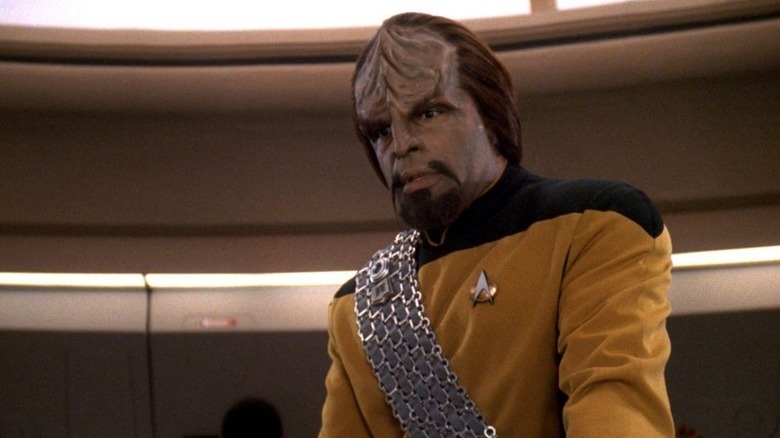 Worf (Michael Dorn) stands on the Enterprise bridge in Star Trek: The Next Generation