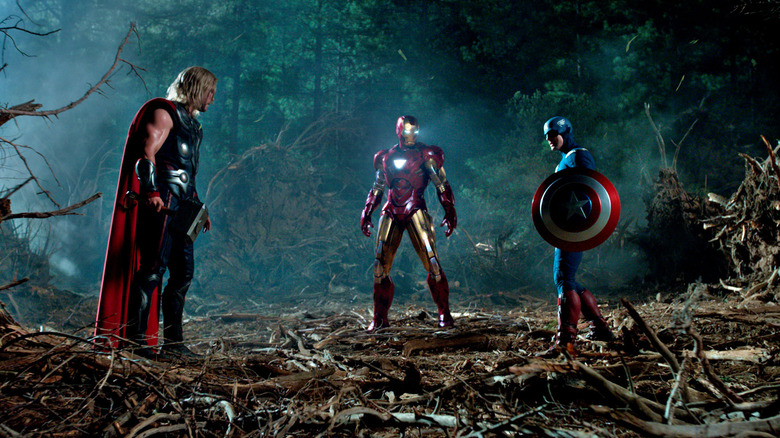 Chris Hemsworth, Robert Downey Jr. and Chris Evans square off as Thor, Iron Man, and Captain America in The Avengers.