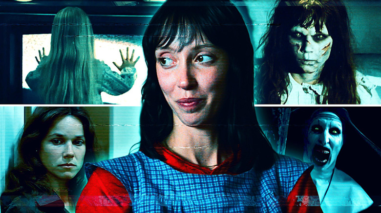 Barbara Hershey in The Entity, Shelly Duvall in The Shining, The Nun from The Conjuring 2, Linda Blair possessed in The Exorcist, Heather O'Rourke staring at the TV in Poltergeist.