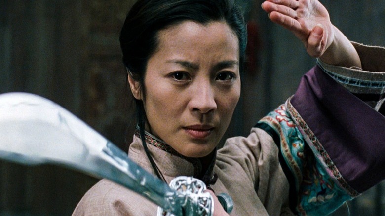 Michelle Yeoh as Yu Shu Lien, preparing to fight with a sword in Crouching Tiger, Hidden Dragon.