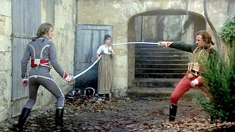 Harvey Keitel as Gabriel Feraud and Keith Carradine as Armand D'Hubert, dueling with swords in The Duelists.