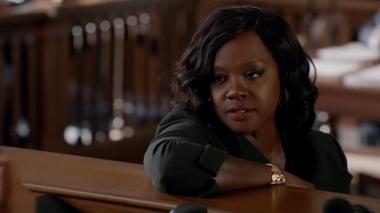 Viola Davis as Annalise Keating leaning on the witness stand on How to Get Away with Murder