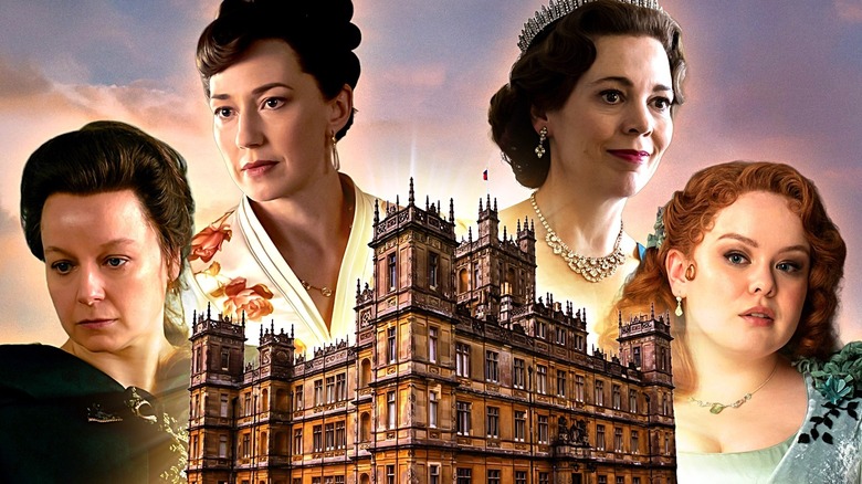 An exterior wide shot of the Downton Abbey mansion in the middle, and around it, Carrie Coon in The Gilded Age, Olivia Colman in The Crown, Nicola Coughlan in Bridgerton, and Samantha Morton in Harlots.