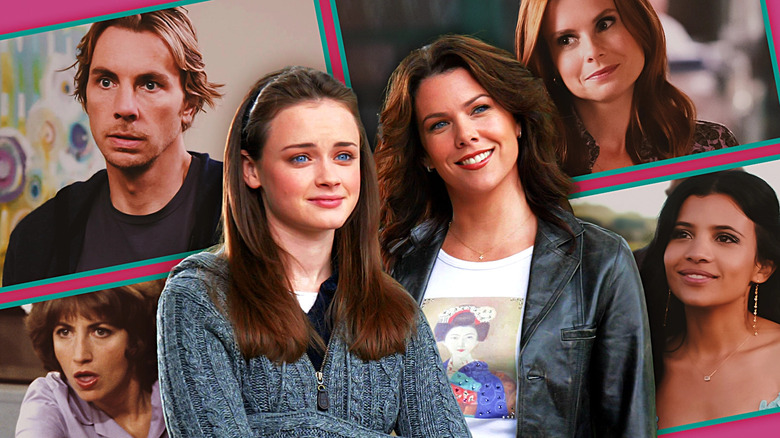 Alexis Bledel as Rory Gilmore stands next to Lauren Graham as Lorelai Gilmore from Gilmore Girls in front of Penny Marshall as Laverne DeFazio in Laverne & Shirley, Dax Shepard as Crosby Braverman in Parenthood, JoAnna Garcia Swisher as Maddie Townsend in Sweet Magnolias, and Nikki Rodriguez as Jackie Howard in My Life with the Walter Boys