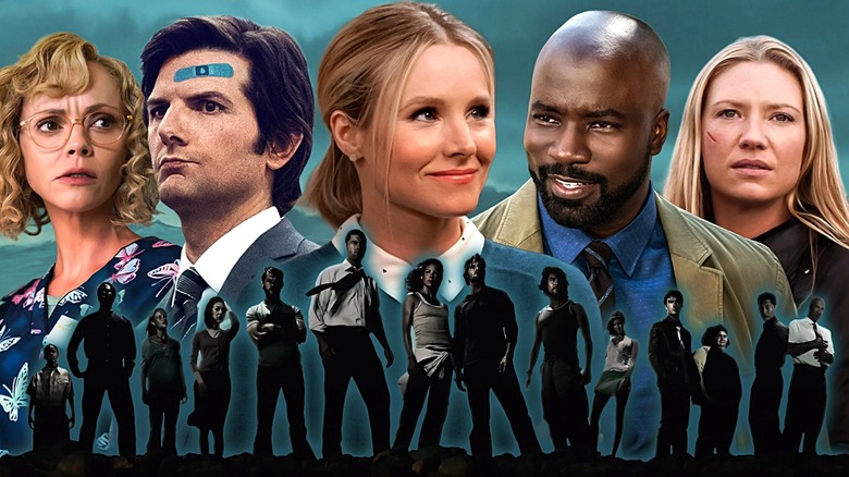 Adam Scott in Severance, Mike Colter in Evil, Anna Torv in Fringe, Kristen Bell in The Good Place, and Christina Ricci in Yellowjackets, above a long LOST profile shot