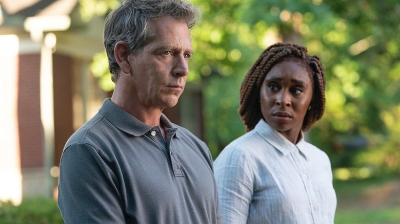 Holly Gibney (Cynthia Erivo) glances at a stern Ralph Anderson (Ben Mendelsohn) in The Outsider