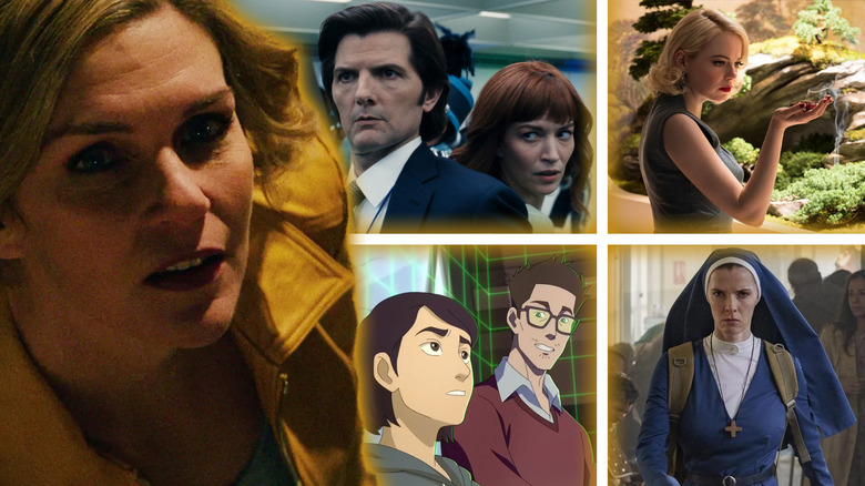 Rhea Seehorn as Carol Sturka looking up next to images of Adam Scott and Britt Lower as Mark and Helly from Severance, Emma Stone as Annie from Maniac, Betty Gilpin as Mrs. Davis from Mrs. Davis, and Maddie and David from Pantheon