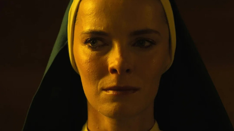 Betty Gilpin as Sister Simone crying in Mrs. Davis