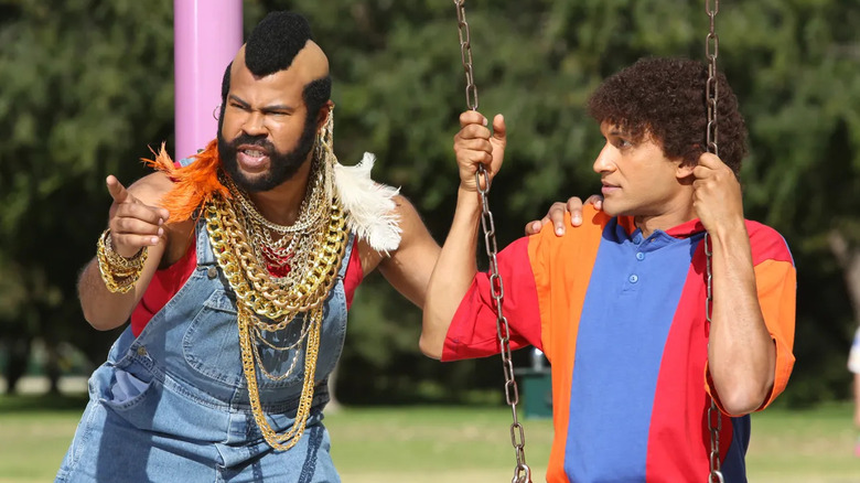 Jordan Peele as Mr. T next to Keegan Michael-Key on a swingset in Key & Peele