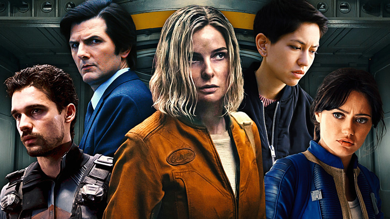 Rebecca Ferguson in Silo in the middle, and around them, Adam Scott in Severance, Ella Purnell in Fallout, Steven Strait in The Expanse, and Sonoya Mizuno in Devs.