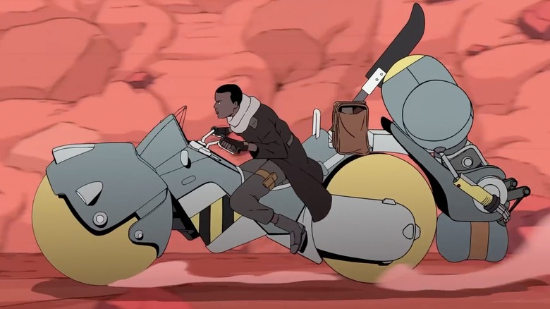 Azi riding a futuristic bike on Scavengers Reign